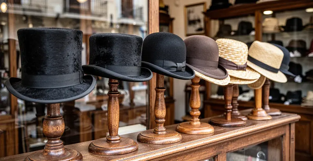 Collection de chapeaux traditionnels sur présentoirs en bois à la Chapellerie Mouret Avignon