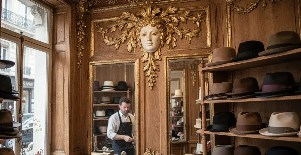 Intérieur de la Chapellerie Mouret avec boiseries dorées style Louis XVI à Avignon Intérieur de la Chapellerie Mouret avec boiseries dorées style Louis XVI à Avignon